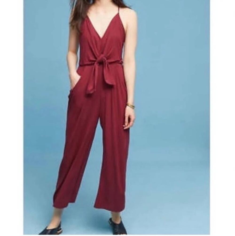 Anthropologie Moulinette Soeurs Willa Burgundy Red Draped Jumpsuit Wide Leg